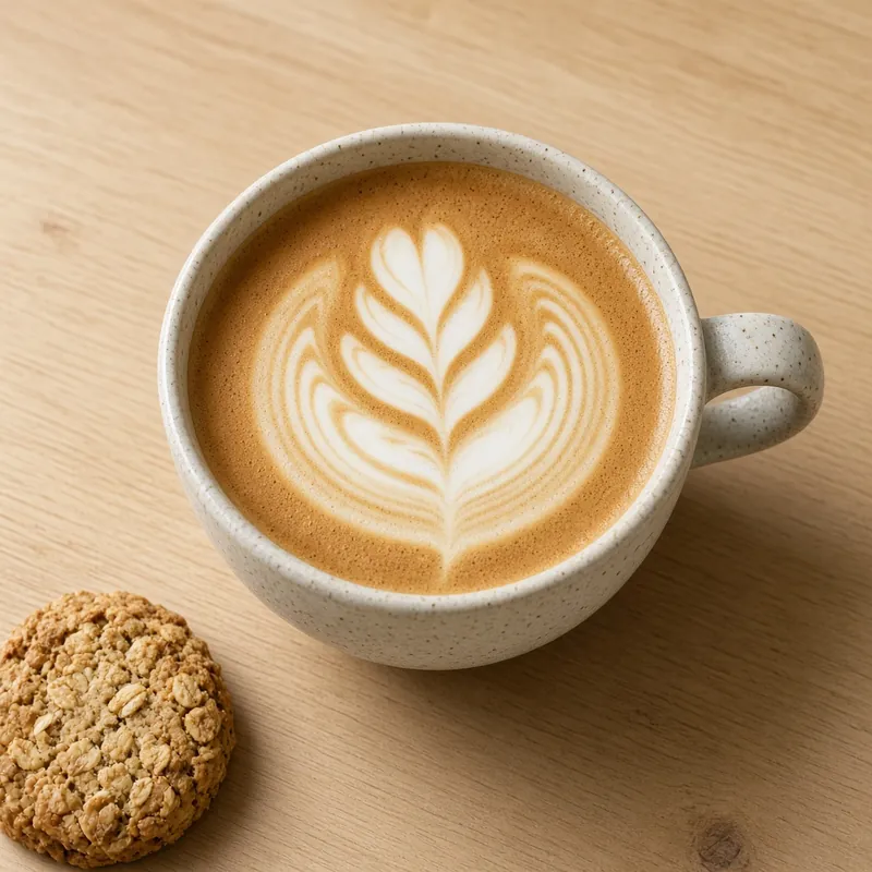 Flat white with leaf latte art in a speckled cup, next to an oat biscuit