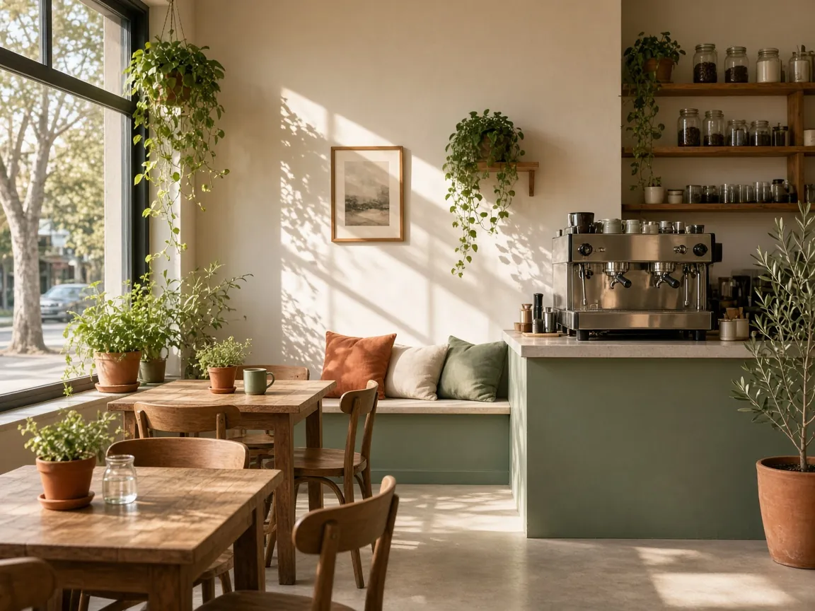 Sunlit cafe interior with timber tables, hanging plants, a green bench with cushions and an espresso machine on the counter