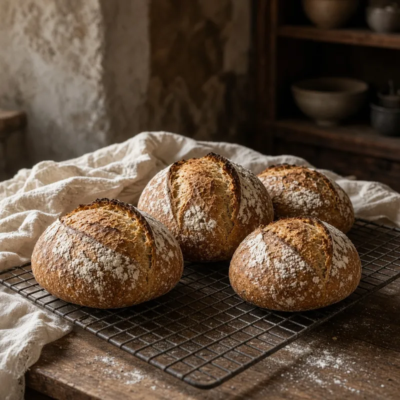 Four floury sourdough loaves cooling on a wire rack