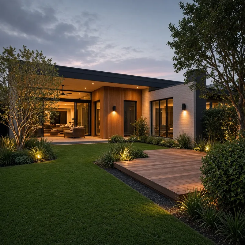 Modern home at dusk with garden lights, wall lights and a lit timber deck