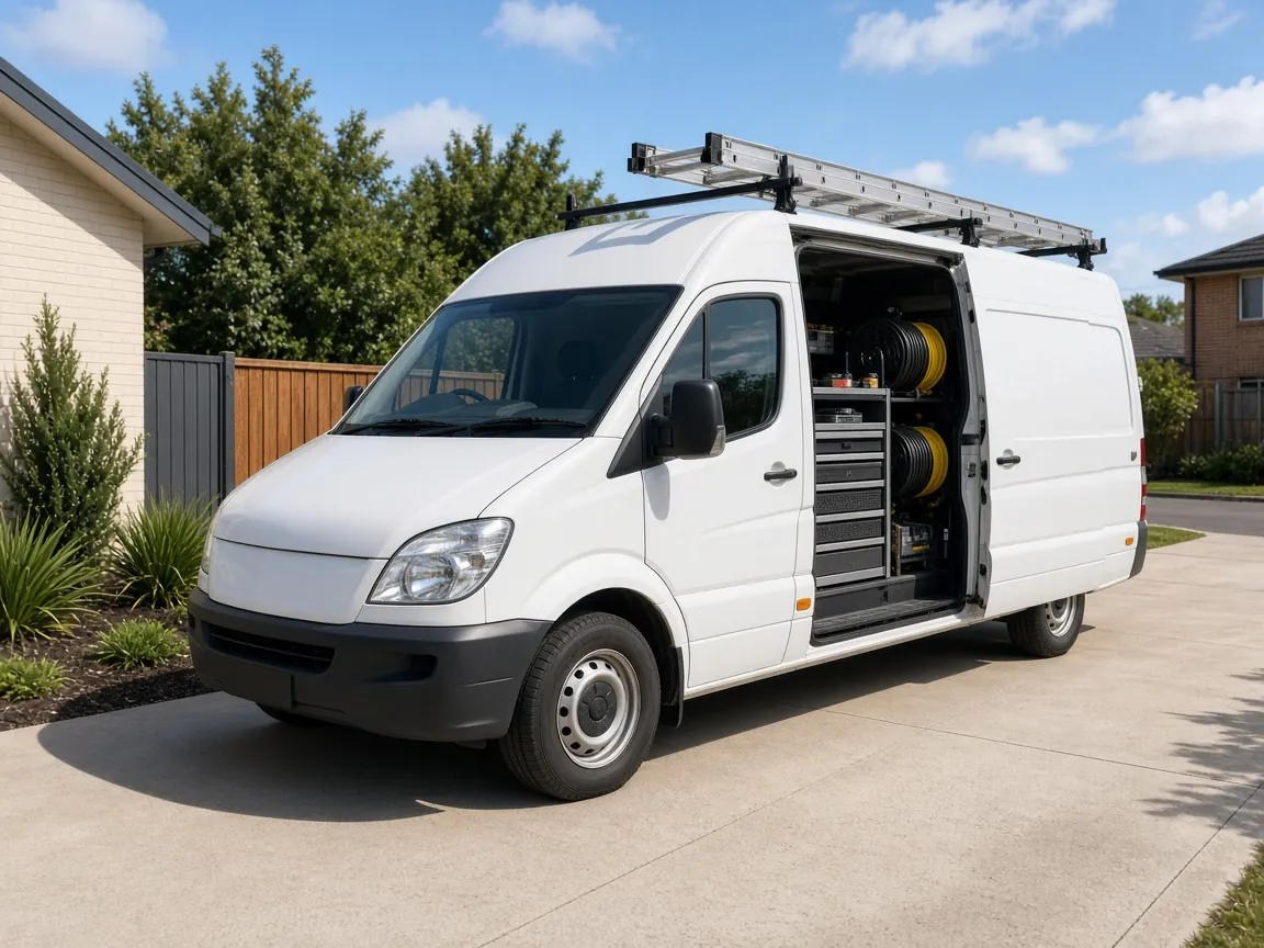 White work van in a driveway with a ladder on the roof and tool drawers in the open side door